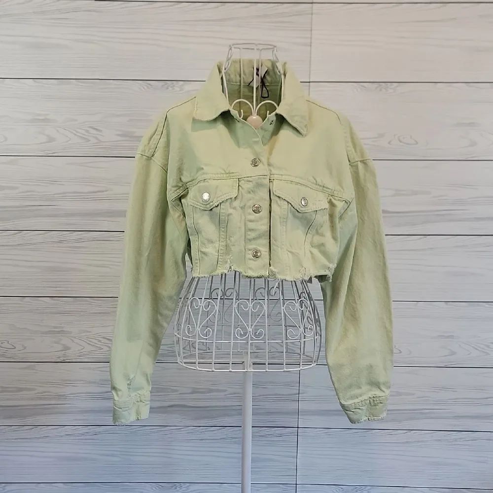 Zara Cropped Jean Jacket - Light Green Womens Size M